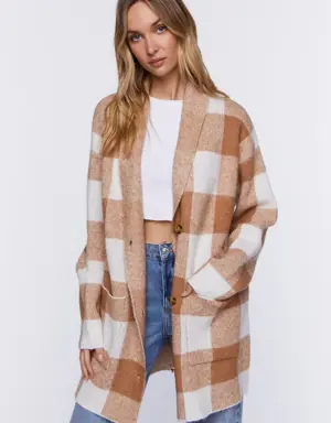 Forever 21 Buffalo Plaid Longline Cardigan Sweater Ivory/Beige