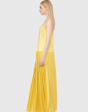 Strap Pleated Fabric Buttoned Yellow Dress