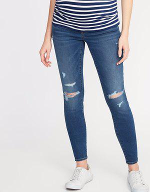 Maternity Front-Low Panel Distressed Skinny Jeans blue