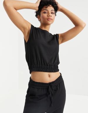 Siyah O Yaka Kolsuz Beli Lastikli Bürümcük Kumaş Kadın Crop Top T-Shirt - 97226