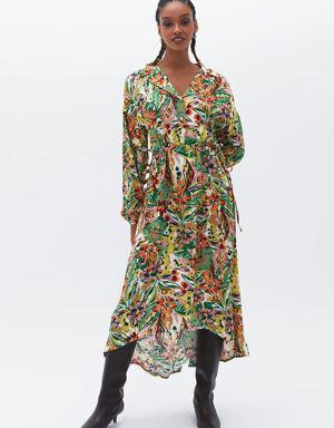 Çok Renkli Çiçek Desenli Midi Elbise