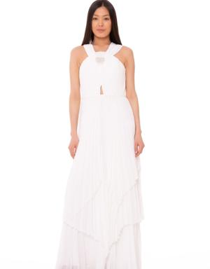 Stone Embroidered Detailed Long White Dress
