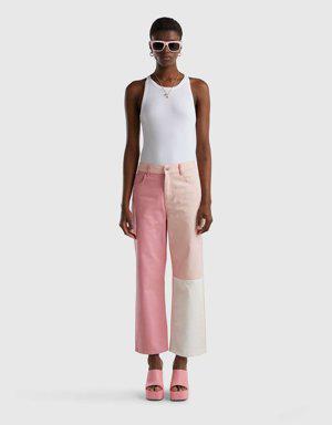 Kadın Mix Renk Bloklu Kısa Paça Denim Pantolon