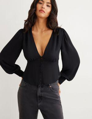 Deep V-Neck Blouse with Bubble Sleeves
