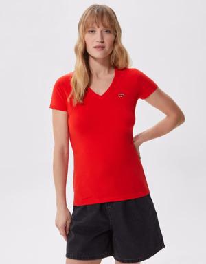 Kadın Slim Fit V Yaka Kırmızı T-Shirt