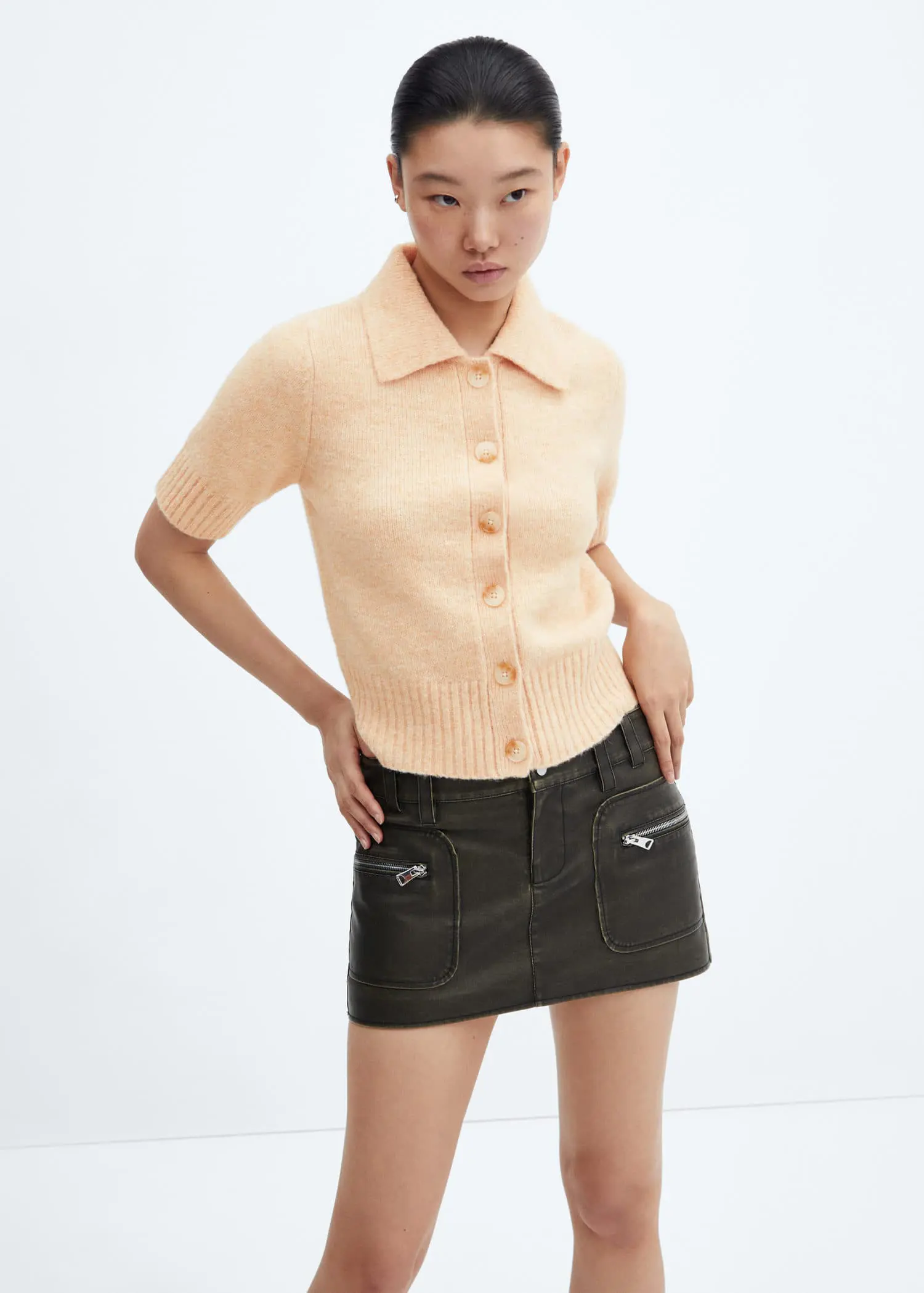 Mango Short-sleeved cardigan with shirt collar . 1
