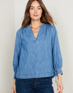 Split-Neck Puff-Sleeve Jean Blouse for Women blue
