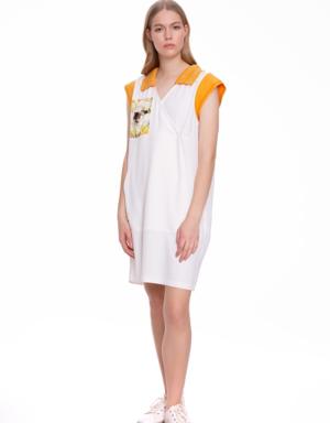 Neck And Shoulder Detailed Short Sleeve Ecru Mini Dress
