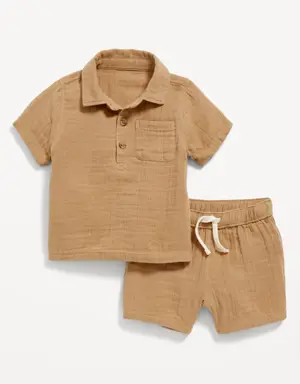 Unisex Textured Double-Weave Shirt & Shorts Set for Baby brown