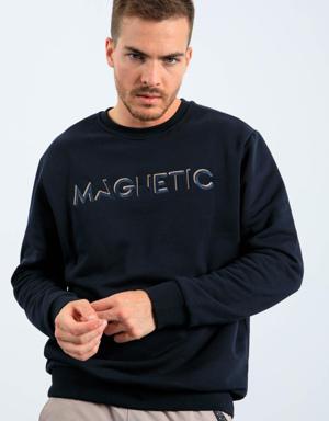 Lacivert Yazı Nakışlı O Yaka Rahat Form Erkek Sweatshirt - 88020
