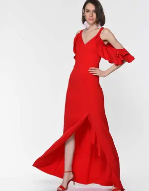 Ruffle-Sleeve Slit Gown - 4 / RED