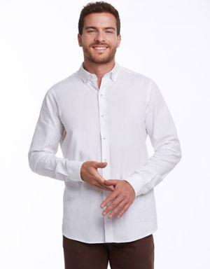 Beyaz Comfort Fit Uzun Kollu %100Pamuk Düz Casual Oxford Gömlek