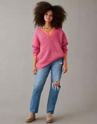 American Eagle Whoa So Cozy Waffle V-Neck Sweater. 1