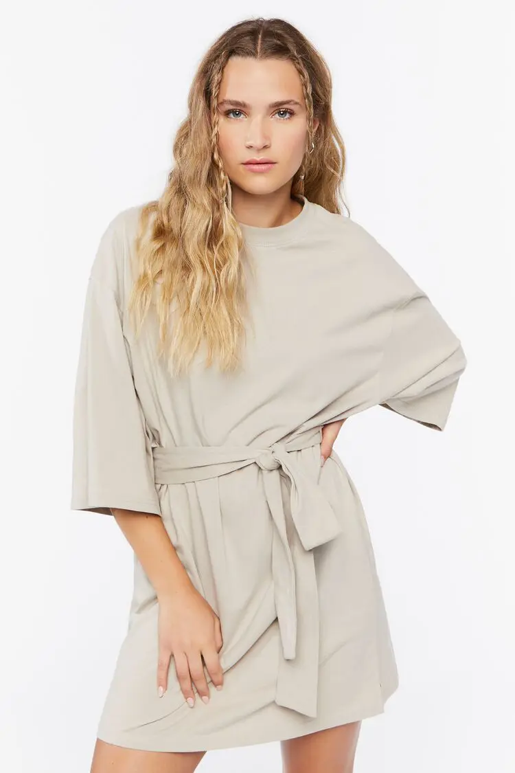 Forever 21 Forever 21 Tie Waist Mini T Shirt Dress Taupe. 1