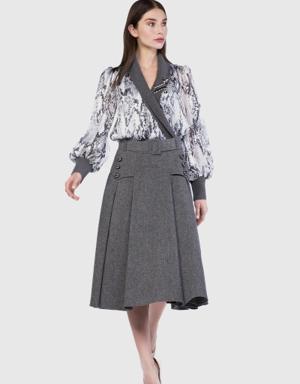 Button Detailed Belted Midi Length Pleated Gray Skirt