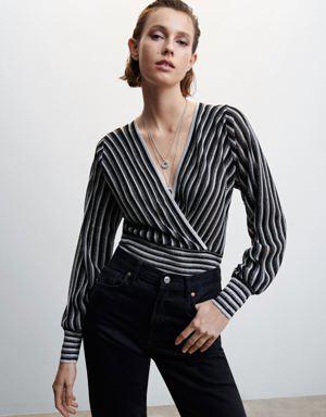 Striped sweater with crossover neckline