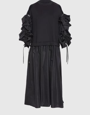 Flounce Contrast Fabric Garnish Black Long Dress