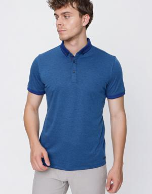 İndigo Mavi Kısa Kol Pike Polo Yaka Slim Fit Dar Kesim Klasik T-Shirt 1011220141