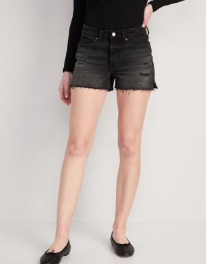 High-Waisted Button-Fly O.G. Straight Ripped Side-Slit Jean Shorts for Women -- 3-inch inseam black