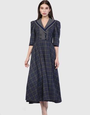 Knitwear Collar Detailed Ankle Length Plaid Anthracite Dress
