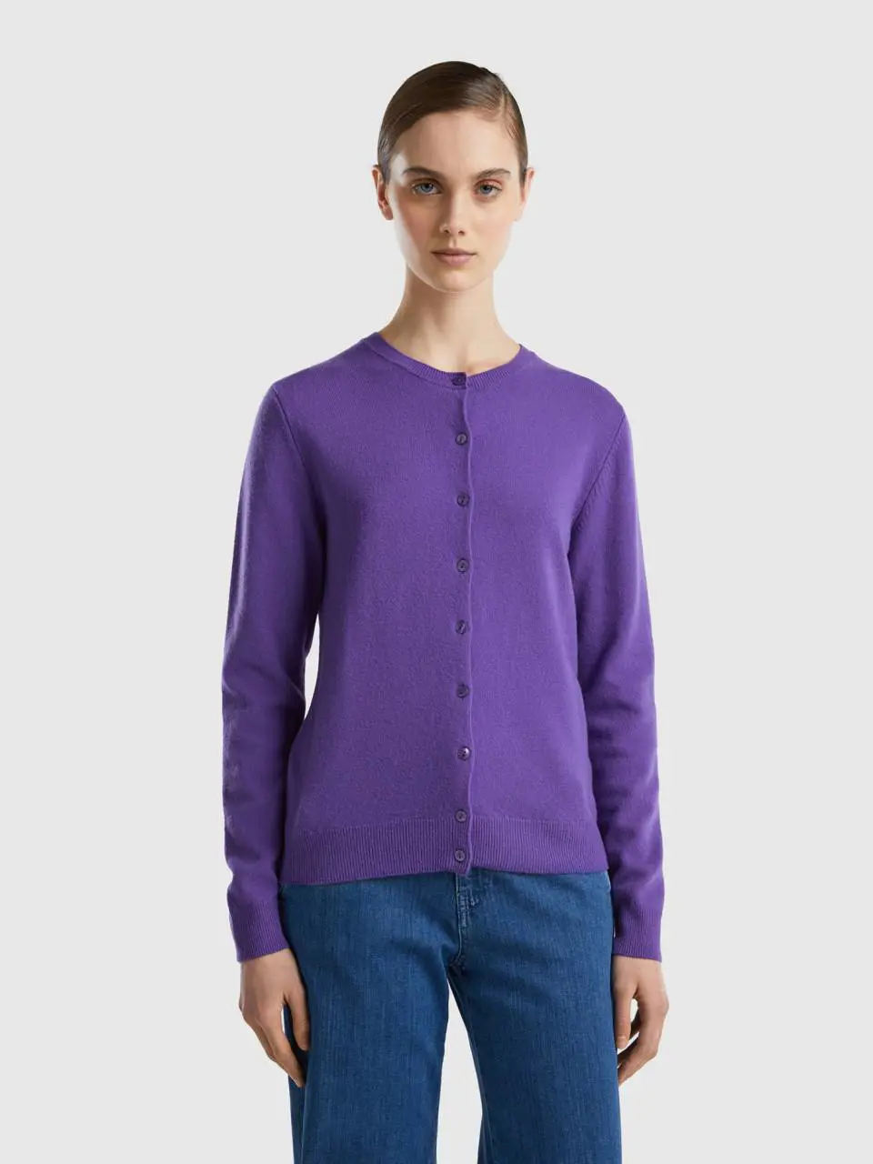 Benetton violet crew neck cardigan in pure merino wool. 1