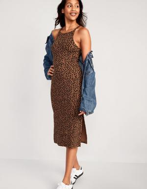Fitted Leopard-Print Sleeveless Rib-Knit Midi Dress for Women brown