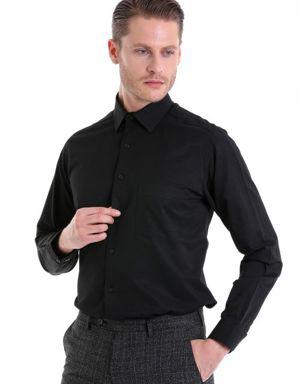 Siyah Klasik Fit Desenli Pamuklu Uzun Kol Klasik Gömlek