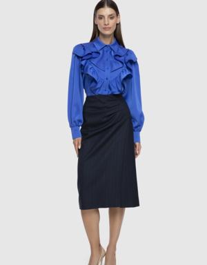 Asymmetrical Draped Detailed Navy Blue Pencil Skirt