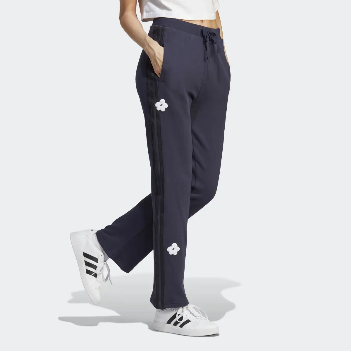 Adidas 3-Stripes High Rise Joggers with Chenille Flower Patches. 3