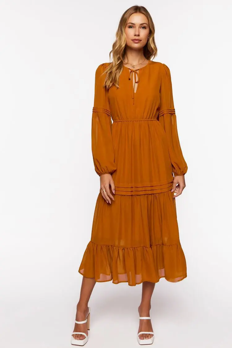 Forever 21 Forever 21 Chiffon Peasant Sleeve Midi Dress Ginger. 1