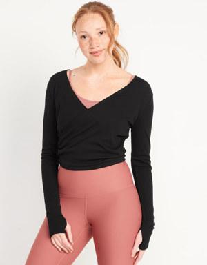 Old Navy Reversible Long-Sleeve UltraLite Cropped Wrap-Effect Back Top for Women black