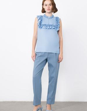 Blue Blouse With Ruffled Embroidery Detail