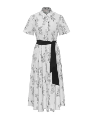 Floral Slit Waist Belted Dress Black-White - 4 / Black-White