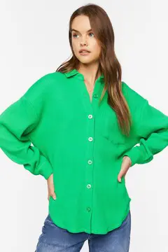 Forever 21 Forever 21 Waffle Knit Drop Sleeve Shirt Green. 2