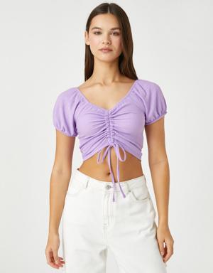 Koton Crop Tişört Balon Kollu Büzgü Detaylı V Yaka. 3 Koton Crop Tişört Balon Kollu Büzgü Detaylı V Yaka. 3