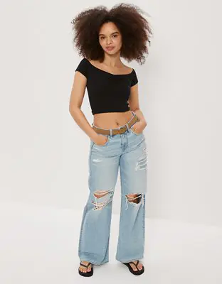 American Eagle Cropped Cinch Off-the-Shoulder Tee. 1