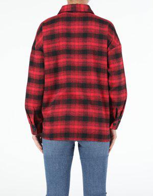 Regular Fit Shirt Neck Kadın Kırmızı Uzun Kol Gömlek