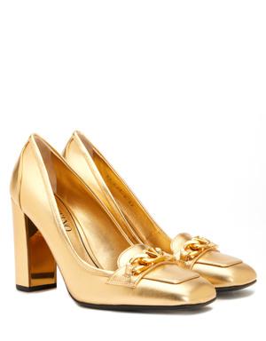 Gold Zincir Bantlı Deri Topuklu Ayakkabı