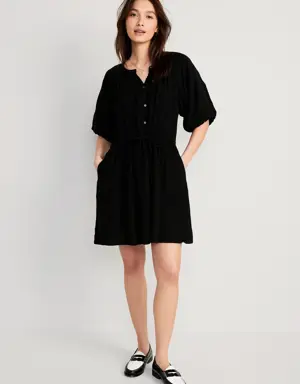 Waist-Defined Puff-Sleeve Mini Poet Dress for Women black