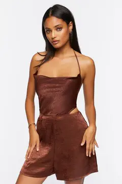 Forever 21 Forever 21 Satin Halter Cutout Romper Chocolate. 2