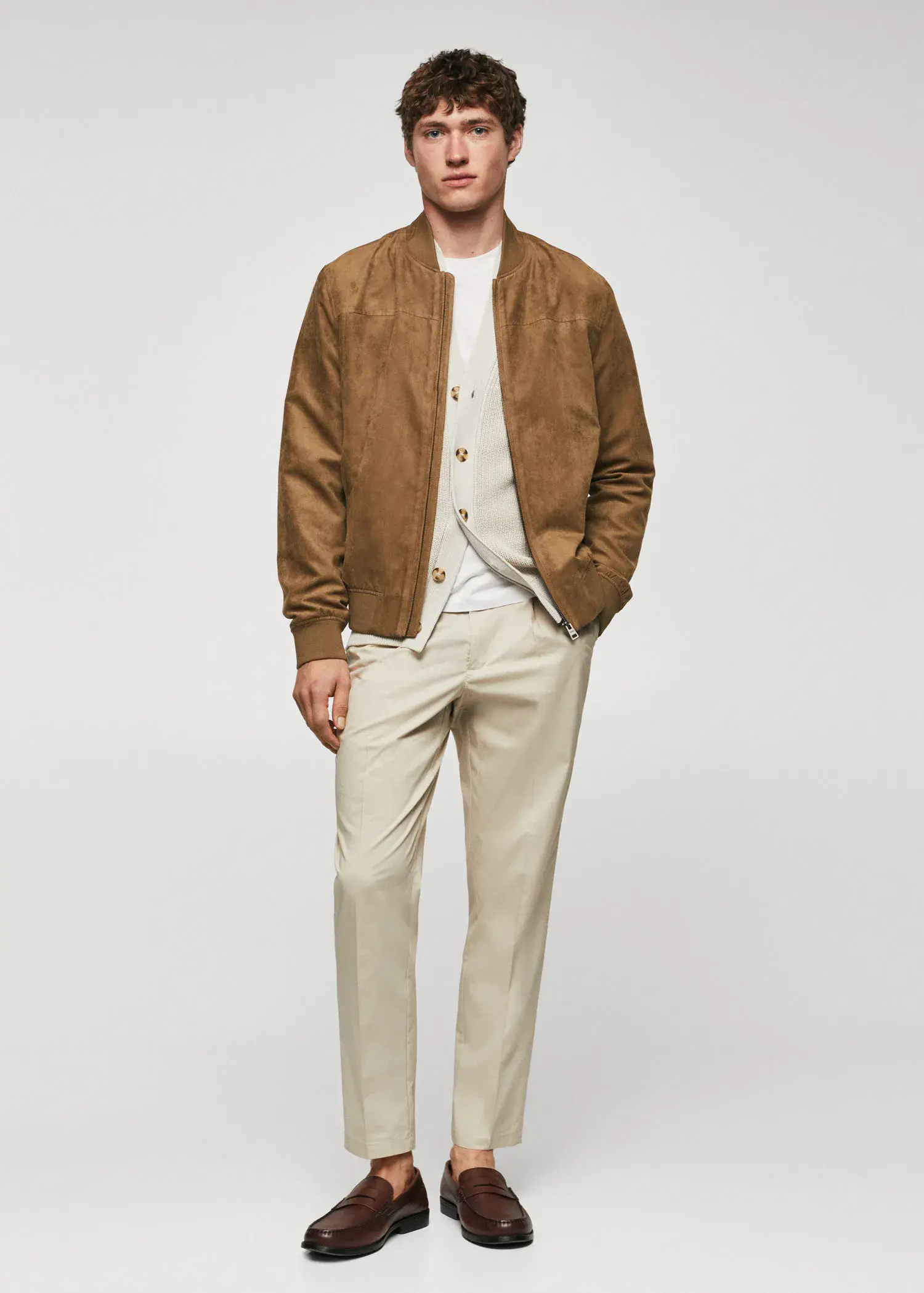 Mango Suede-effect bomber jacket. a man wearing a brown jacket and white shirt. 