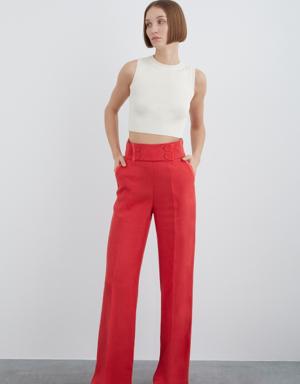 Linen Pants With Tassel Detail And Ornamental Button