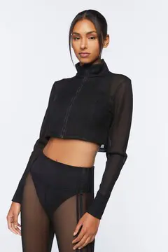 Forever 21 Forever 21 Active Mesh Zip Up Cropped Jacket Black. 2