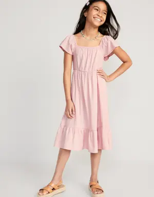 Flutter-Sleeve Clip-Dot Fit & Flare Midi Dress for Girls pink