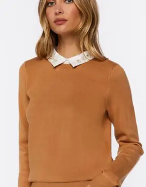 Forever 21 Faux Gem Collar Sweater Camel/White