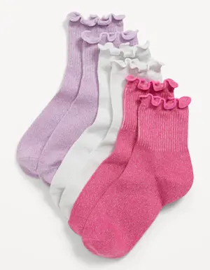Ruffle-Cuff Quarter-Crew Socks 3-Pack for Girls purple