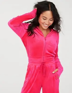 By Aerie Bright Lights Velour Cropped Full Zip Hoodie