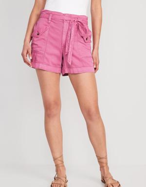 Extra High-Waisted Tie-Front Cargo Workwear Shorts for Women -- 4-inch inseam pink