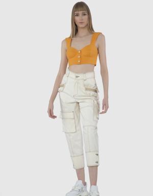 Buttoned Embroidered Detailed Cargo Ecru Trousers