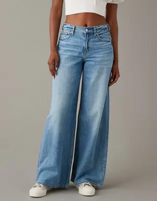 American Eagle Dreamy Drape Super High-Waisted Baggy Ultra Wide-Leg Jean. 1